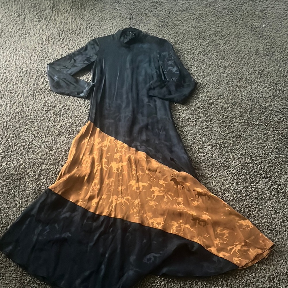 Ganni long sleeve long dress black and brown